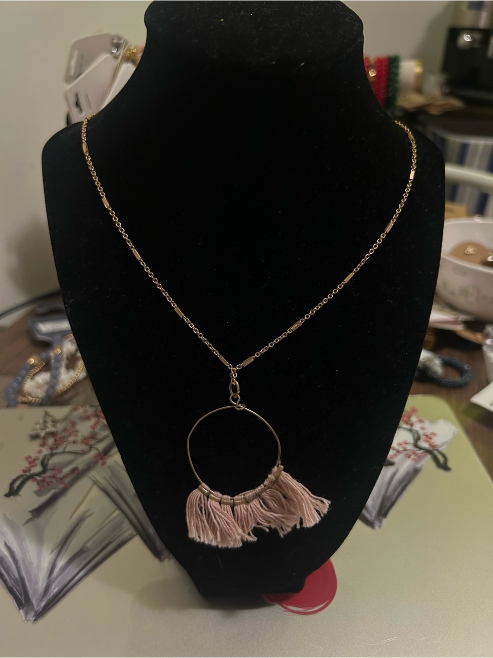 Boho Gold Chain Necklace with Blush Tassel Hoop